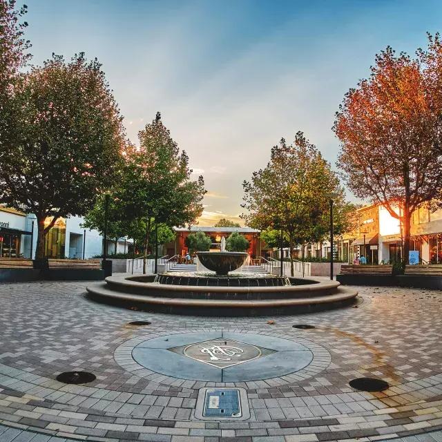 Outdoor mall with trees 和 fountain